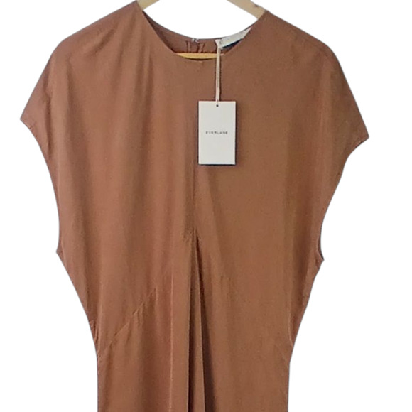 Everlane SZ 14 The Tencel Short Sleeve Midi Dress In Carob Brown Slim Fit NWT - Picture 4 of 8